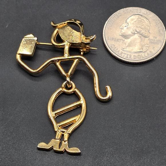 KK/ED Signed Book Lover Brooch Stick Figure Lady Reading Book Gold Tone - Picture 6 of 8